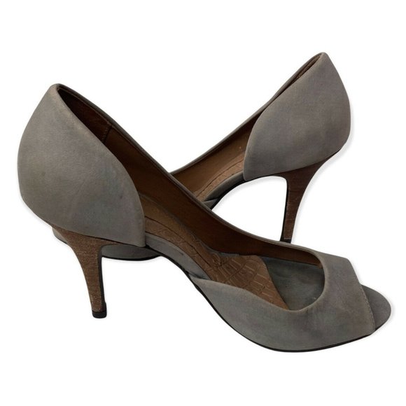 ELLUS Gray Suede Leather Peep Toe Stilleto D'Orsay Heels Size 8 Brown Heel a32 - Picture 5 of 8